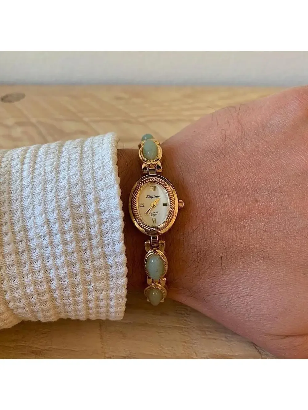 Y2K Gold Green Dainty Quartz Opal Jade Watch 8 Inch Unisex